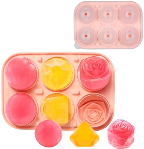 Stampo per cubetti di ghiaccio 3 in 1 in silicone con coperchio, elegante rose, diamante e sfera per bevande, per alimenti, facile da sformare, ideale per cocktail, feste e gelati fai da te