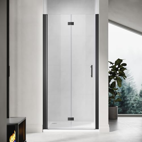 ZANOFIRA 800mm Black Frameless Bi-Fold Shower Door Folding Shower Screen 6mm Toughened Clear Safety Glass Space Saving Magnetic Seal Reversible for Wet Rooms En-Suites