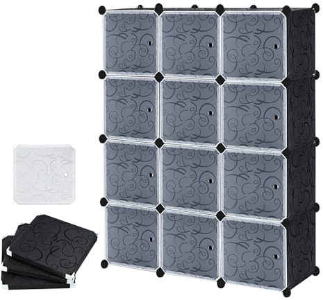 TATIVALO Sistema de estanterías DIY Armario con puertas de plástico PP Modular Almacenamiento para ropa, zapatos, libros, con 12 cubos