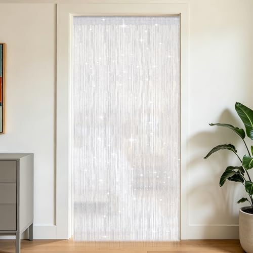 OFFCUP Cortina de Puerta, 100 x 200 cm, Pantalla de Cortinas de Cuerdas Cuentas con Hilos de Plata, Panel de Pared con Flecos para Ventanas para Casas, Terrazas y Dormitorios, Blanco