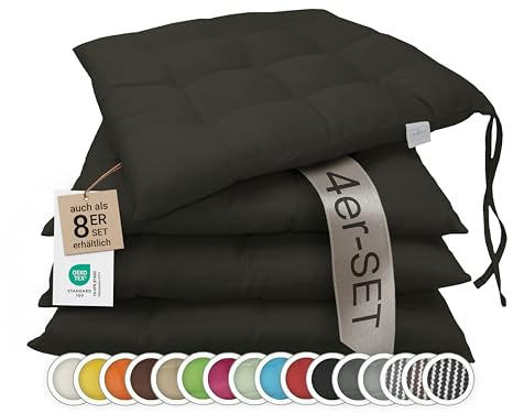 ZOLLNER 4er Set Sitzkissen in 40x40cm - gemütliche Stuhlkissen mit Bindebänder - waschbar bis 30°C - in schwarz - Oeko Tex® Zertifiziert
