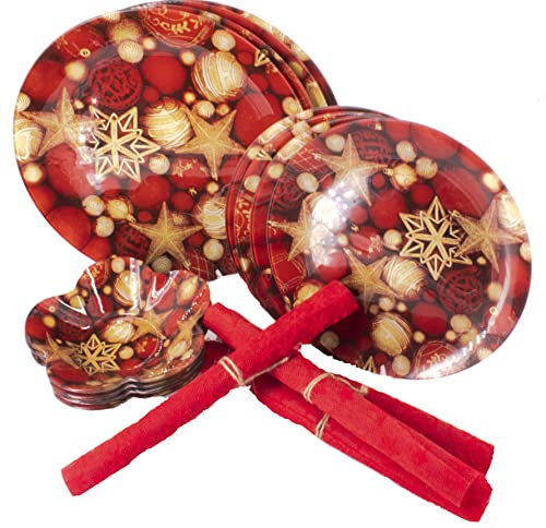 Gojoy shop- Juegos de Vajilla Vidrio,Navidad,16 Piezas para 4 Personas,Contiene 4 Cuencos, Platos Ø 30cm, Platos Ø 25cm y Salvamanteles Rojos. (Color clarito- Set navideña)