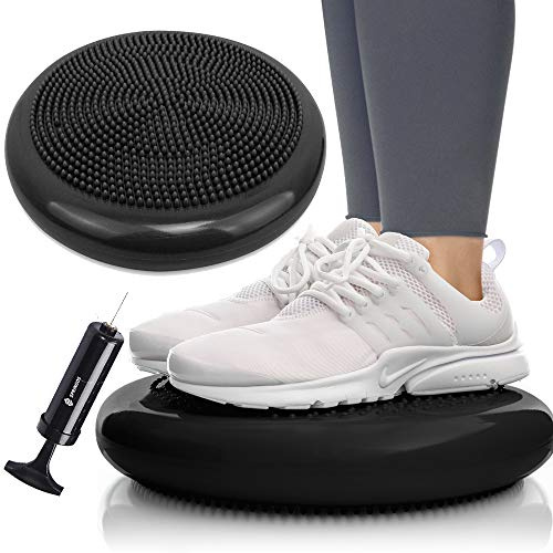 Springos - Cuscino per equilibrio con gommini su entrambi i lati, pompa ad aria, per una corretta postura da seduti, per sedia da ufficio, oscillante, per i muscoli della schiena, colore nero