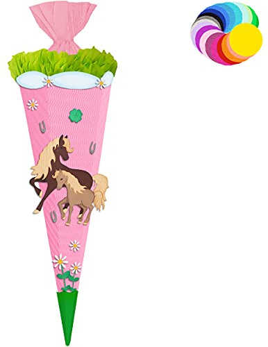 alles-meine.de GmbH Bastelset - Schultüte Farbe & Größe wählbar 70/85 / 100 cm - Pferde & Fohlen - Farbe frei wählbar - Bastelschultüte - Zuckertüte zum selber Basteln Bema..