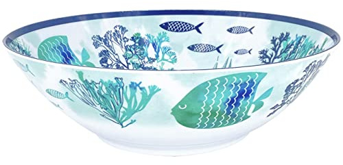 Les Jardins de la Comtesse – Ensaladera pequeña de melamina – Caribe – 2,7 L/Ø 28 cm – Azul mar y pescado – Vajilla cuasi-irrompible MelARTmine