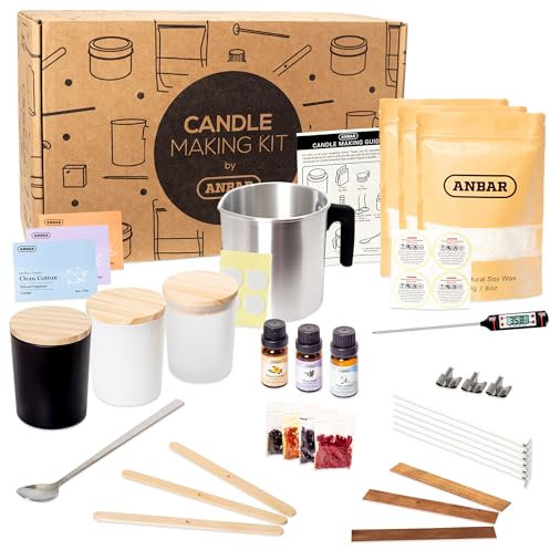 Anbar DIY Candle Making Kit for Adults with Glass Jars, Natural Soy Wax, Cotton Wicks, Essential Oils, Thermometer, Labels, and Essential Accessories for Scented Votive Candles, Fun Hobby Crafting Set