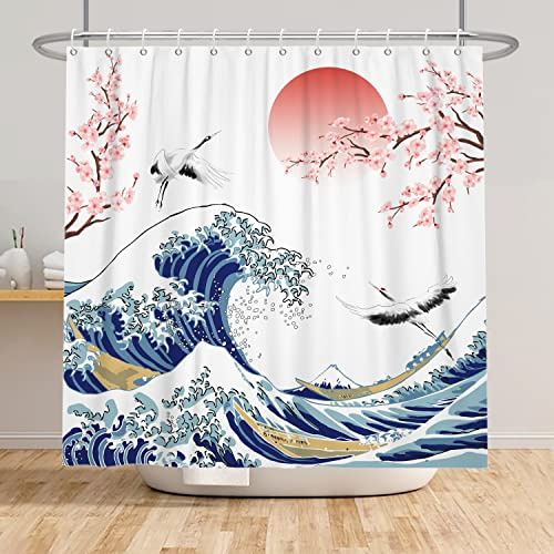 SDOTPMT Rideau de douche vague géante asiatique fleur de cerisier encre peinture bain flottant oie sauvage paysage décoration tissu