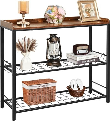 Livofloral 39,4“ Konsolentisch mit Schallwand, 3 stufige schmale Sofatische & Eingangstisch mit Metallgitterböden, hinter Couchtisch für Flur Schlafzimmer Wohnzimmer Foyer Büro, Rustikales Braun