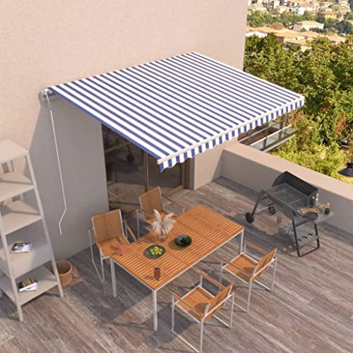 PURADAY Tenda da sole per balcone, 400 x 350 cm, blu e bianco, telaio in alluminio verniciato a polvere, con braccio snodato automatico, struttura solida, tenda da sole per esterni, resistente ai