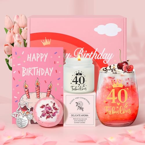 Tecanne 40 geburtstag frauen geschenk, Geburtstagsverwöhngeschenke für sie, personalisiertes Glas 40. Weinglas Geschenkset, Geschenkbox für Mama, Schwester, beste Freunde