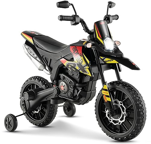 GYMAX Moto Elettrica 12V, Moto per Bambini con 2 Ruote di Supporto, Faro, Musica per Bambini 3-8 Anni, Veicolo per Bambini con Doppio Motore e Ammortizzatori, 5,5-6 km/h (Nero-Giallo)