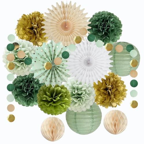 Décorations de fête vert sauge, vert olive, vert sauge, doré - Pompons en papier de soie à pois ronds à suspendre pour fête prénatale, fête prénuptiale, fête d'anniversaire de mariage