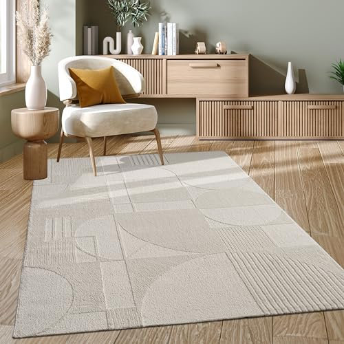 Paco Home Teppich Wohnzimmer Schlafzimmer moderner Kurzflor Abstrakte Organische Designs Geometrisch 3D Effekt hochwertig weich Creme, Grösse:160x230 cm, Farbe:Creme