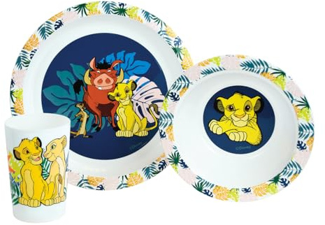 Fun House - Juego de comidas para niños, diseño de Rey León, Simba Nala Timon Pumbaa, plato de 22 cm, plato hondo, diámetro 16 cm, cristal, 220 ml, con licencia oficial de Disney, vajilla y microonda