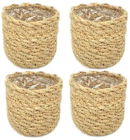 Decpero Geflochtene Seegras Mini-Übertöpfe I mit Folie I Ø6,5xH6,5cm I 4 Stück