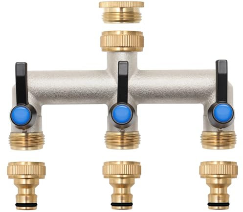 Wasserverteiler 3 Wege, Messing Wasseranschluss verteiler, Verlängerter Griff 3/4 Zoll Adapter mit 3 Stück 3/4 Zoll auf 1/2 Zoll Hahnanschluss für Haus, Hof/Waschmaschine