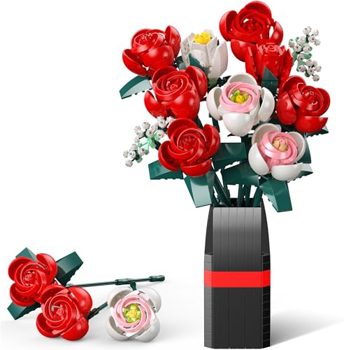 Flowers Bouquet Building Set, 841 PCS - 11 Office Home Forever Rose Decor Plant Building Kits with Vase, Gifts for Kids Birthday Adults Women Valentines Mothers Day