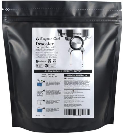 Super Cal Cafetto - 4 sachets de 25 g (approvisionnement 12 mois) par Cafetto, qui fabrique du détartrant à la sauge pour machines à café et bouilloires | Fabriqué en Australie – un détartrant pour