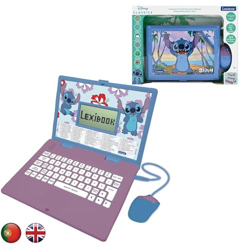 LEXIBOOK, Disney Stitch, Bilingual ENGLISH/PORTUGUESE Educational Laptop, 124 Language Activities, Writing, Maths, Logic, Music, and Games, Boys and Girls, JC598Di4