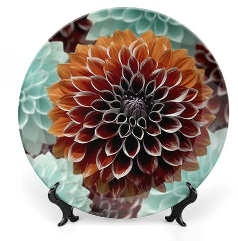 QWJKM Dahlia Flower Bone China Decorative Plates 6inch Printed Pattern Ceramic Plate with Vertical Stand Round Porcelain Dinner Plate Elegant Art Crafts for Women Men Gifts