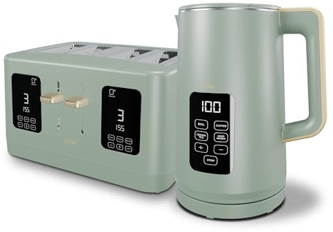 Sage Green 1600W 4 Slice Toaster, 1.7L 3000W Digital Kettle | Toaster with Detachable Crumb Tray, Digital Control Panel with Countdown Timer, BPA-Free Auto Shut-off Electric Temperature Control Kettle