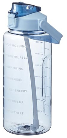 2L Wasserflaschen Fitness Trinkflasche Tragbare Große Kapazität Becher Trinkbecher mit Griff Sport Wasserflaschen mit Strohhalm und Zeitmarkierung Auslaufsicher Trinkflasche für Outdoor (Blau)