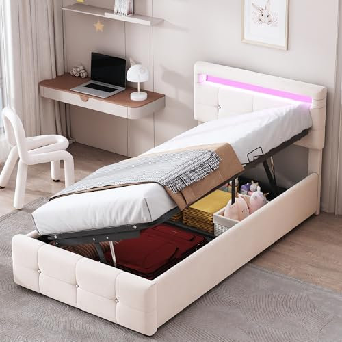 Polsterbett 90x200 cm mit LED-Beleuchtung Hydraulisches Stauraumbett mit Bettkasten Höhenverstellbares Kopfteil Einzelbett mit Lattenrost Gästebett Ohne Matratze Beige