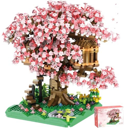Ensemble de Construction Cabane dans Les Arbres, Sakura Arbre Maison Construire Bloc, Blocs De Construction Arbres De Fleurs De Cerisier, Collection créatifs de Bricolage Japonais (Environ 2000 pièces
