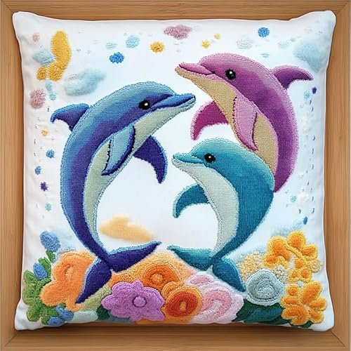 WallustrioaW Süße Tiere Knüpfkissen Zum Selbermachen,Kissen Knüpfen Kit,Zwei liebende Delfine,DIY Kissen Knüpfen Set Knüpfteppiche Sofakissenbezug Handgemachte Geschenke,43x43cm
