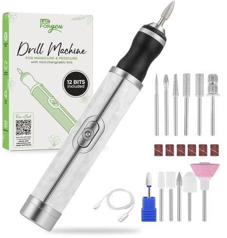 LAC FOR YOU Fresa per Unghie Portatile USB-C, 4 Velocità - Lima Elettrica per Unghie Manicure & Pedicure con 12 Punte e 6 Cappucci - Rotazione Bidirezionale, Ricaricabile - Bianca