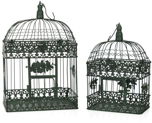 Moritz 2er Set Dekokäfige Metall altgrün Vintage Vogelkäfig Hängedeko Shabby Chic Garten Deko Käfige mit Ornamenten 51cm und 42cm Blumenmuster Romantik Antik-Look