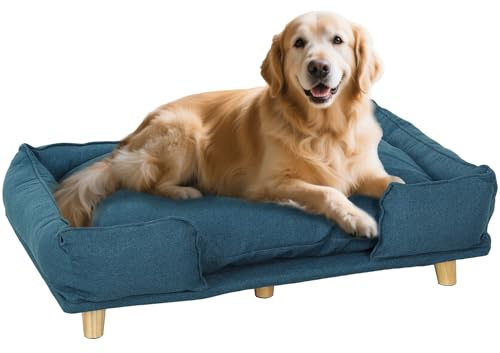 PawHut Sofá para Perros Grandes, Cama Elevada para Mascotas con Cojín Lavable y Patas de Madera, Carga 30 kg, 96x66x24 cm, Azul