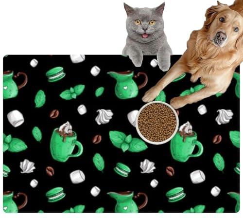 Pet Cat Dog Food Mat for Water Bowl Placemat for Sloppy Drinkers Mint Macaroon Coffee Sketch Black Hand Drawn Green Milk jug Cup Absorbent Rubber Back Feeding Mat for Floor Indoor 20x31in