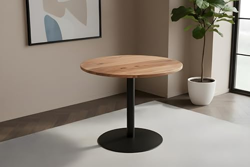 SAM Bistrotisch Emilio | Ø 80 cm Rund | Akazienholz massiv | Farbe: Natur | gerade Kante | schwarzes Säulengestell aus Metall runde Base | Säulentisch/Esstisch für Küche, Café & Essbereich