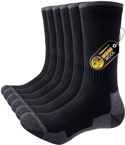 PULIOU Wandersocken Merino Socken Herren Damen, Outdoor & Trekking-Socken, Anti-Blasen, Gepolstert Arbeitssocken Laufsocken Sportsocken, Schwarz 43-46 (3 Paar)