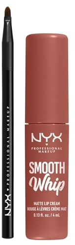 NYX Professional Makeup Rossetto Liquido Smooth Whip Tinta Labbra Matte Teddy Fluff con Burro di Karité Flacone da 4ml + Pennello Labbra Pro Brush Lip con Punta Sottile - Set da 2