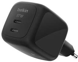 Belkin BoostCharge Pro 2-Port USB C Ladegerät, 67W, GaN-Ladegerät | 2x USB-C, Schnellladen für Geräte wie MacBook, iPhone, iPad Pro, Chromebook, Samsung Galaxy, Pixel - Schwarz