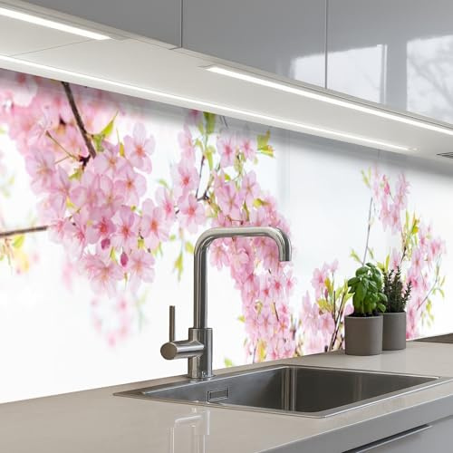 KitchenYeah© Paraschizzi Cucina Adesivo Pannello Parete Paraspruzzi | 80x500 cm - Piano Cottura Fiori di ciliegio - Rosa - Sakura - Natura
