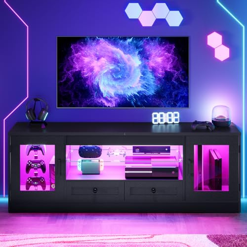 Dripex LED-TV-Lowboard 148 cm für 55–65 Zoll Fernseher, Gaming-TV-Schrank mit RGB-Beleuchtung und Schubladen, modernes TV-Board für Wohnzimmer und Schlafzimmer, Schwarz