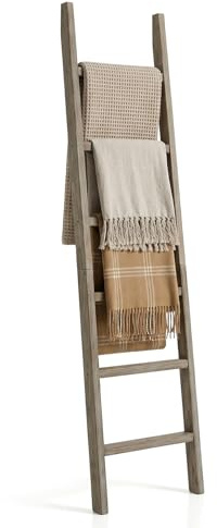 Wooden Blanket Ladder - Natural & Motley Wood - Leaning Wall Decor for Bedroom, Bathroom, Living Room - Rustic Quilt Holder & Towel Rack (Burnt Brown, 76in(6-Tier))