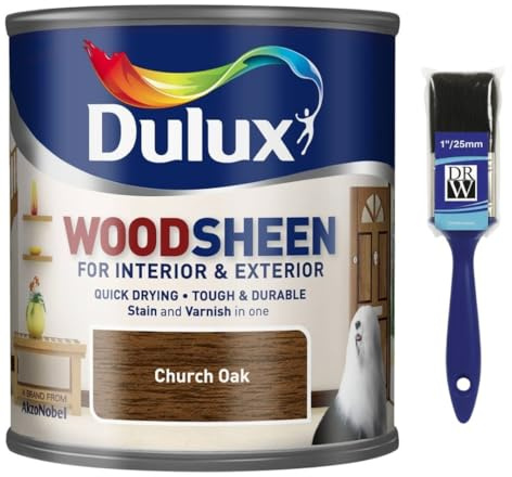 Woodsheen Stain and Varnish 250ml Church Oak +1 Brush | Interior Wood Stain and Varnish | Satin Finish for Doors Skirting Furniture and Trim | Quick Dry Wood Protection