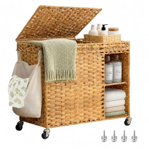Klippehop Wicker Laundry Hamper with Wheels, 160L Washing Basket with Lid | 2 Section Handwoven Laundry Basket for Bathroom and Bedroom, Rattan Laundry Sorter with 2 Removable Liners & 1 Bag, Natural