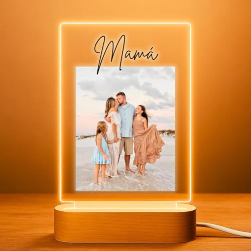 Cristal Plaque Lámpara Personalizada Mamá con Foto y Mensaje – Placa Metacrilato con Luz LED y Base Madera USB – Regalo Original para Mamá Cumpleaños y Día de la Madre