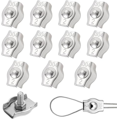 ZIOYANE Juego de 12 abrazaderas de cable M2 de acero inoxidable para cuerdas de acero de 2 mm y tensor de tendedero
