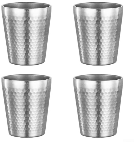 Lot de 4 tasses à double paroi en acier inoxydable de 175 ml isothermes empilables pour camping, pique-nique, randonnée, voyage (argent)