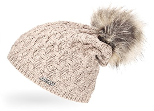 Neverless® Damen Strickmütze gefüttert mit Fell-Bommel, Strick-Beanie, Winter-Mütze, Bommelmütze,