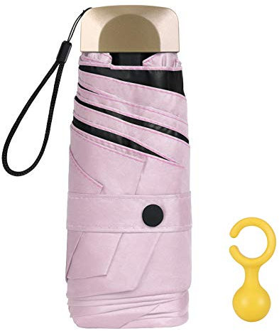 Vicloon Mini Umbrella, Pocket Umbrella (Pink) with Golden Handle, 210T Black Rubber Cloth & 6 Aluminum Alloy Ribs, Foldable Compact Travel Umbrella, UPF>50+ UV Resistance