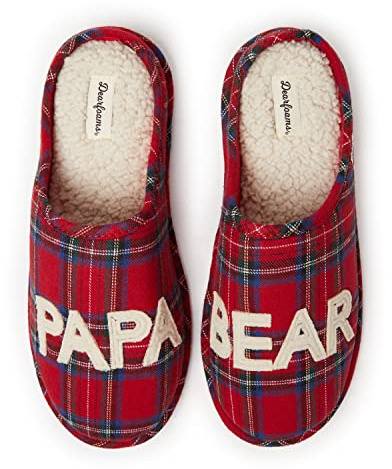 Dearfoams Papa Bear toffel för män, Röd - Tartan pläd - Small