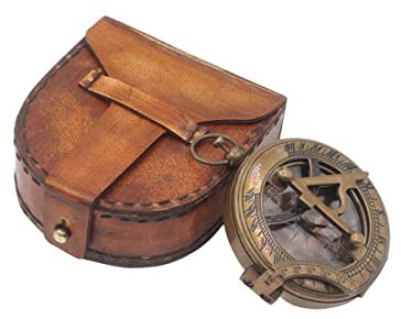 Engravable Victorian Sundial Compass – Antique Brass Finish with Leather Case – Push-Open Sun Clock for Navigation, Hiking, Gifts & Décor – Vintage Collectible for Men
