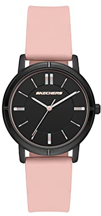 Skechers damklocka och stapelbart armband presentset, Klockblomma svart/rosa, Analogt för kvinnor